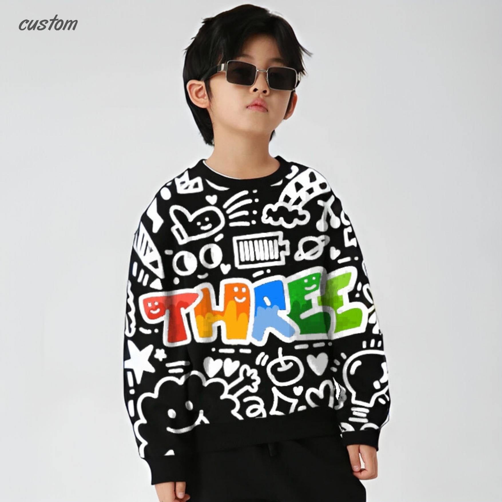 兒童圓領連帽衫，連帽衫，秋季兒童運動衫，適合中小童，圓領套頭衫