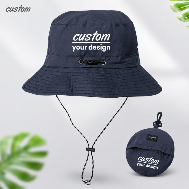 Custom Logo Packable Bucket Hat, Waterproof Quick-Dry Sun Hat with Chin Strap, Foldable into Portable Pouch for Outdoor Travel