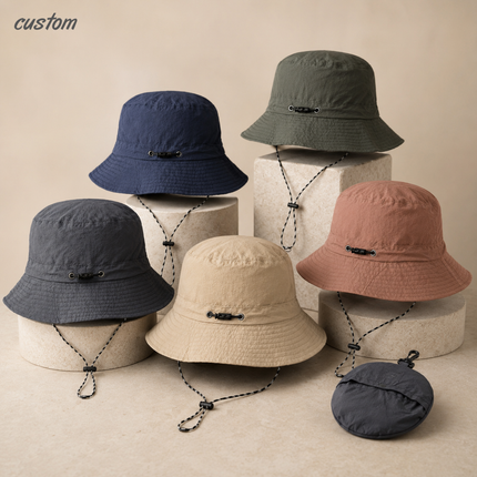 Custom Logo Packable Bucket Hat, Waterproof Quick-Dry Sun Hat with Chin Strap, Foldable into Portable Pouch for Outdoor Travel