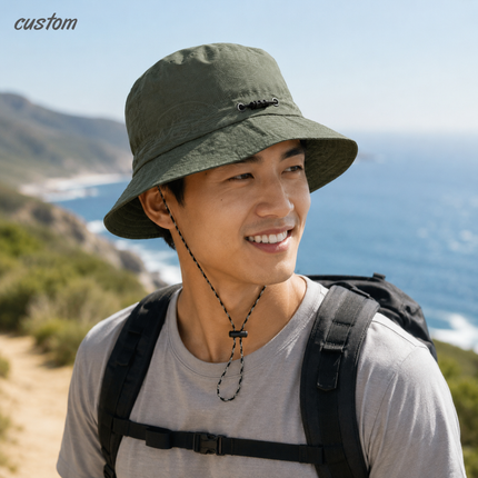 Custom Logo Packable Bucket Hat, Waterproof Quick-Dry Sun Hat with Chin Strap, Foldable into Portable Pouch for Outdoor Travel