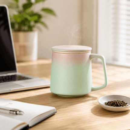 Custom Ceramic Tea Mug with Infuser and Lid – Personalized Gradient Matte Mug for Loose Leaf Tea