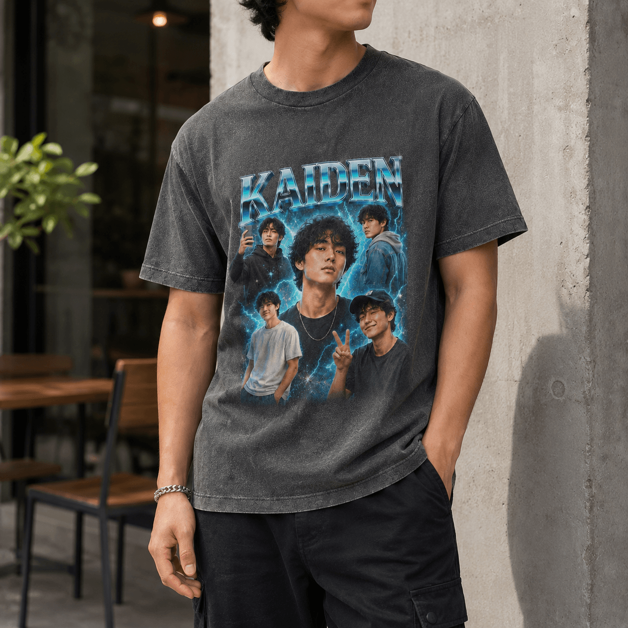 Customized Retro Y2K Portrait Collage Graphic | United Athle 4230-01 American Retro Washed T-Shirt