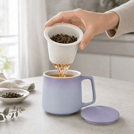 Custom Ceramic Tea Mug with Infuser and Lid – Personalized Gradient Matte Mug for Loose Leaf Tea