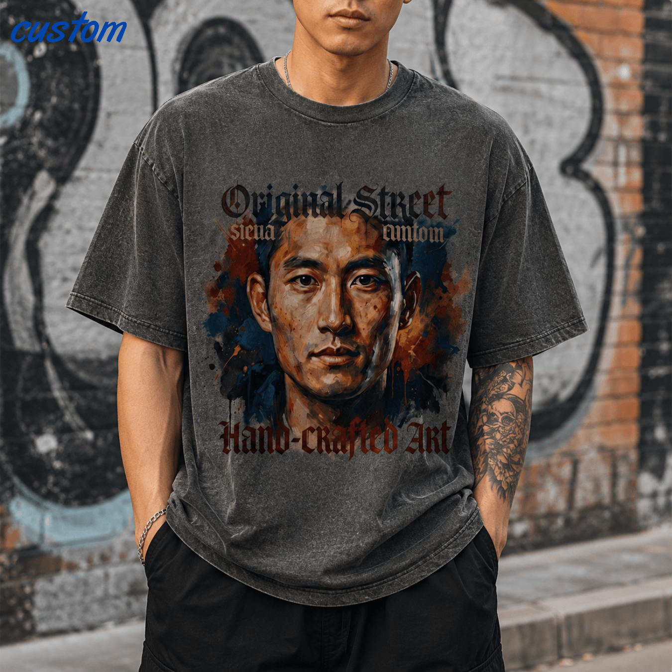 Customized Vintage Street Portrait Graphic | United Athle 4230-01 American Retro Washed T-Shirt