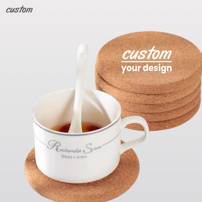 Protect your surfaces in style with our eco-friendly, customized cork coasters, showcasing your unique touch
