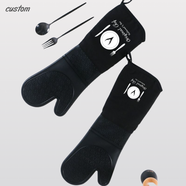 Extra long thick silicone insulated gloves, specially used in the kitchen